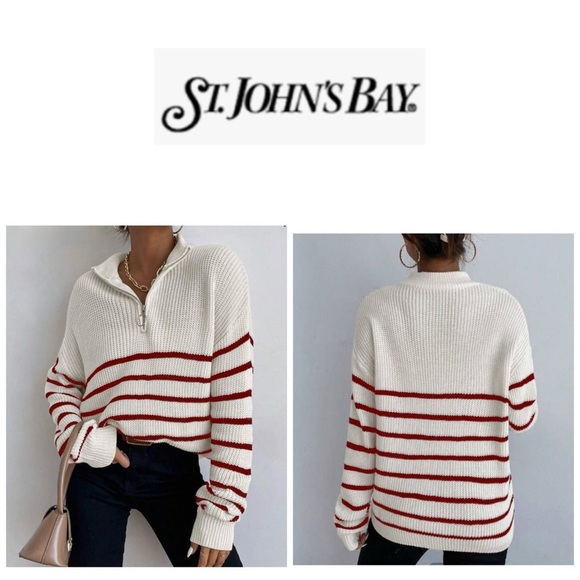 St. John's Bay Ivory and Red Stripes Crew Neck Long Sleeve Sweater S - Picture 1 of 10